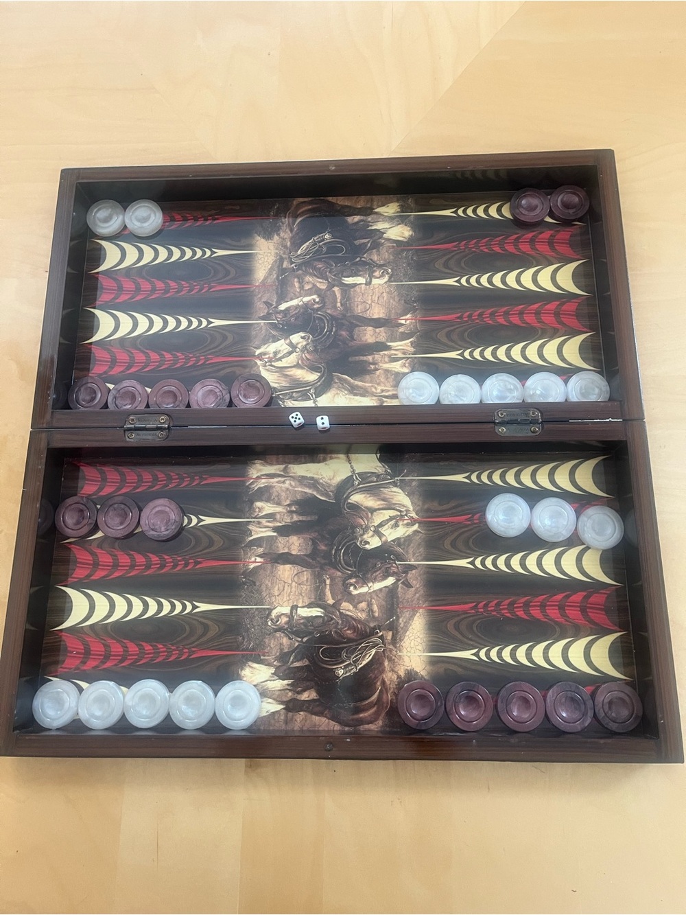 Wooden Backgammon Set with Horse Design - Brown and White NWT